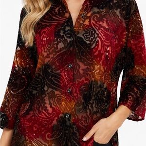 JM Collections Velvet Burnout Red and Black Floral Paisley Button-Down Blouse